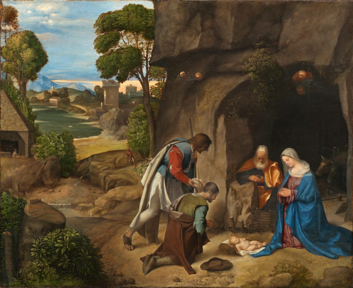 Immagine che riproduce il dipinto di Giorgione, Adorazione dei pastori, conservato alla National Gallery of Art,, Washington, D. C (Pubblico dominio)