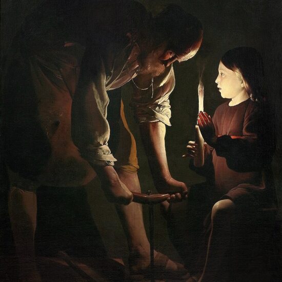 Fotografia del dipinto di Georges de La Tour, Saint Joseph Charpentier (raffigurante San Giuseppe al lavoro con Gesù Bambino)