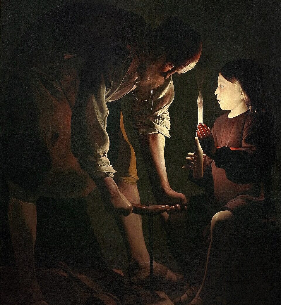 Fotografia del dipinto di Georges de La Tour, Saint Joseph Charpentier (raffigurante San Giuseppe al lavoro con Gesù Bambino)